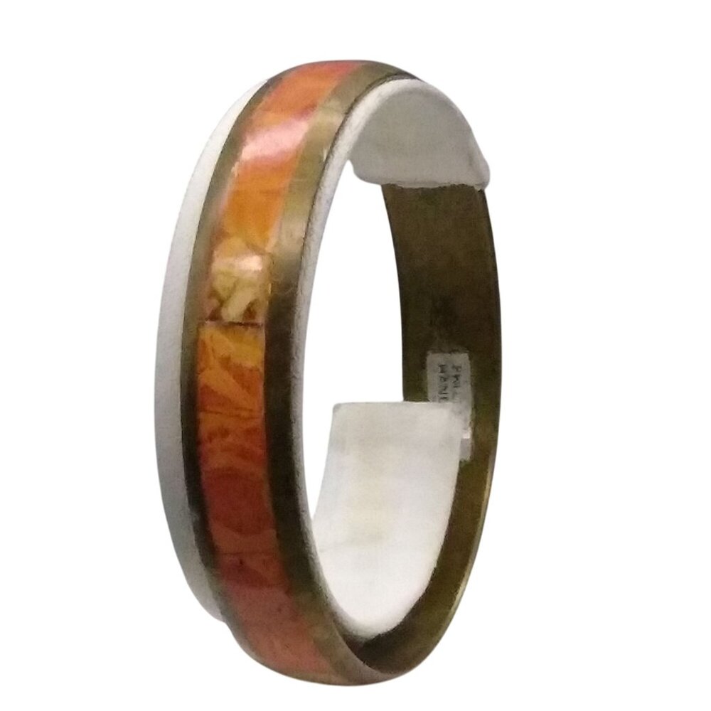 Inlaid Coral Brass Bangle, Vintage India Bohemian Bracelet